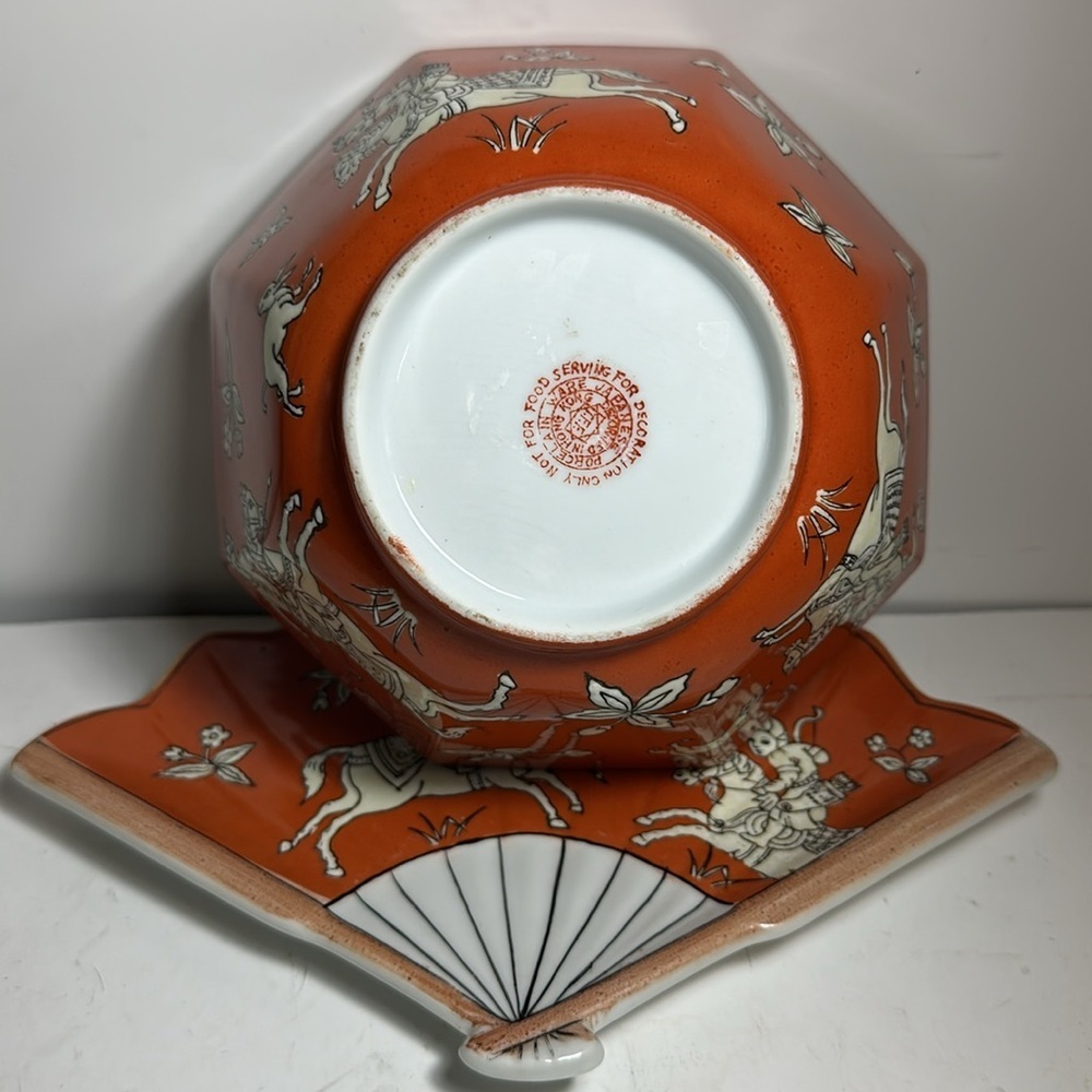 Japanese Kutani Ware porcelain Bowl Fan-Shaped Plate Set Horse Rider Design - Picture 7 of 11